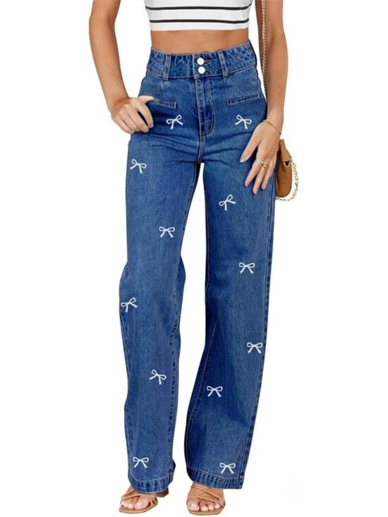 Denim - Women's U Blue High Waisted Straight Denim Pants Dual Button Leg Jeans